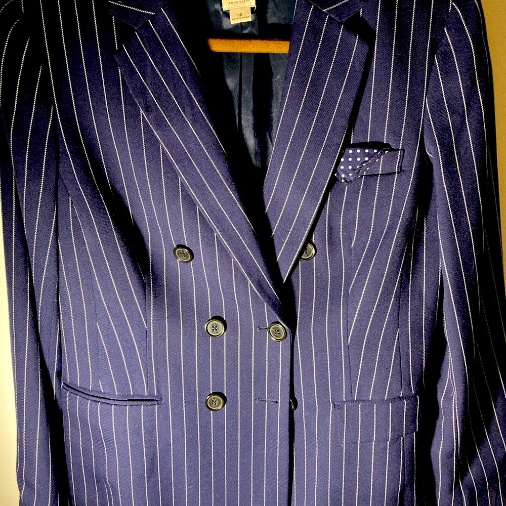 Anne Klein Double breasted Navy Pinstripe Blazer.